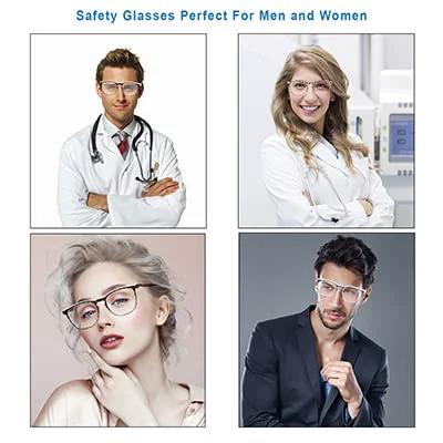 SQIMZAR safety glasses collage: four people wearing clear anti-fog protective eyewear (front and side views).