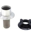 Heavy Duty Universal Faucet Hose Guide In Brushed Nickel with a threaded base and black mounting cap, ideal for kitchen sinks.