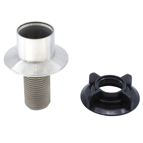 Heavy Duty Universal Faucet Hose Guide In Brushed Nickel with a threaded base and black mounting cap, ideal for kitchen sinks.