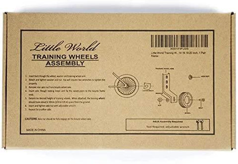 Box containing Adjustable Training Wheels For Kids Bike 14 16 18 Inches With Rust Resistant Steel Frame And Rubber Wheels Easy Install Pair
