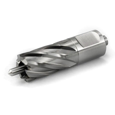 No Nonsense HSS Annular Cutter 3/4 Inch Cut Dia With 3/4 Weldon Shank 1 Inch Depth showing the sharp cutting edges and pilot pin.