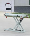 Heavy Duty Electric Scissor Lift Table With 660 Pounds Capacity Hella Sturdy Foldable Frame And Slick One Touch Operation Smooth Retractable Platform For Warehouses Workshops And Zero Hassle Heavy Hauling on a concrete surface.
