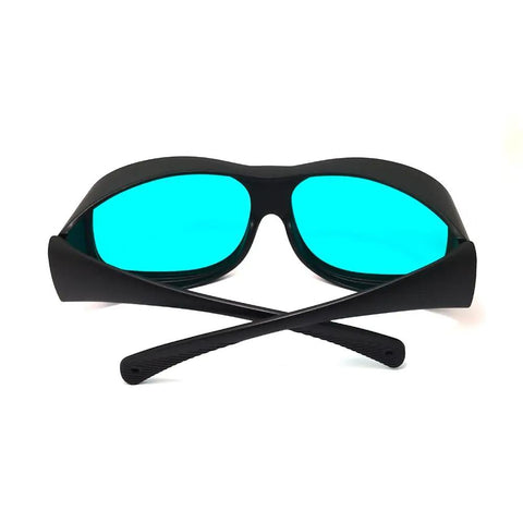 Top Shelf Red Laser Safety Glasses Delivering Straight Up Heavy Duty OD4 Plus Eye Shield Spannin 620 To 700 Nm While Keepin Ya Secure From 635 650 And 694 Nm Beams In Any Setup, showcasing a front view with black frame and blue lenses.