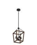 Rustic Farmhouse 4 Light Pendant Chandelier With Imitation Oak Wood Grain, Vintage Iron Lantern Design suspended from ceiling