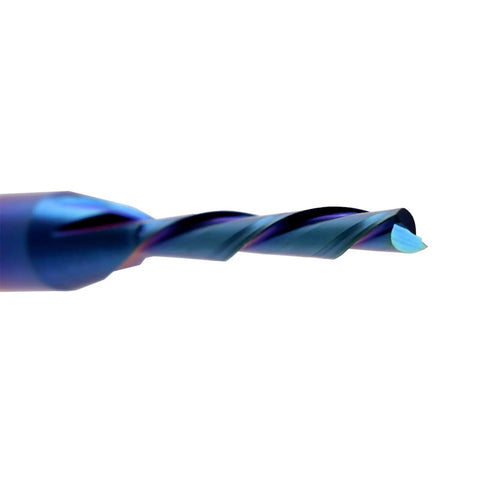 Close-up of Twofer Pack Down Cut Spiral CNC Router Bits With 1/4 Inch Shank And 1/8 Inch Cutting Diameter, solid carbide end mill.