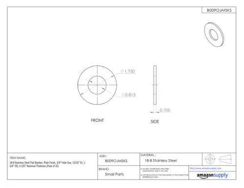 Flat washer, 18-8 stainless steel, 1-3/4 in OD, 13/16 in ID, 0.105 in thick; front and side blueprint; pack of 25