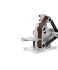 Mini Electric Belt Sander Desktop Grinder With Tough As Nails Heavy Duty Frame For Diy Woodworking Edge Sharpening And Slick Metal Polishing Home Shop Essentials side view with brown sanding belt and metal frame.