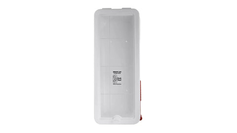Rock Solid White Fire Extinguisher Cabinet With Hammer Attachment For 10 Lb Units Surface Mounted Outdoor Safety Box weatherproof top view showing interior space.