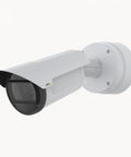 White mounted security camera with weather-resistant casing, angled view.