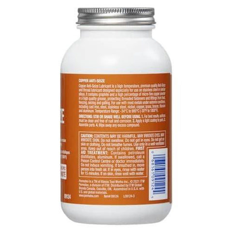 Bottle of Copper Anti Seize Lubricant For Automotive Threads And Fasteners The Go To For Spark Plug Threads Aluminum Heads Exhaust Manifolds Oxygen Sensors Knock Sensors Thermostat Housings Fuel Fittings And Battery Cable Connections Eight Ounce Size with label instructions