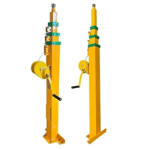 Heavy Duty Portable Hand Lift Telescopic Pole Mast With Slick Electric Hydraulic Pump And Straight Up Easy Manual Winch Backup For No Sweat Outdoor Jobs Up To Four Meters Tall, showing yellow galvanized steel structure.