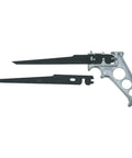 Badass Four Way Keyhole Saw With Dual Blades For Tough Tight Space Wood Cutting And Conduit Trimming Lightweight Pistol Grip shown from the side.