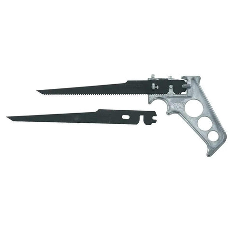 Badass Four Way Keyhole Saw With Dual Blades For Tough Tight Space Wood Cutting And Conduit Trimming Lightweight Pistol Grip shown from the side.