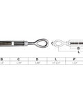 Heavy Duty Drop Forged Jaw Eye Turnbuckle 1 1/4 X 12 Inch 12500 Lbs Capacity Marine 316 Stainless Steel with dimensions.
