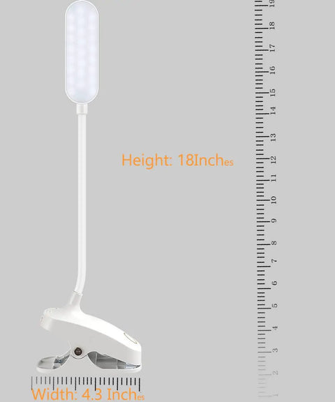 Clip On Desk Lamp With Flexible Gooseneck 7W 2600mAh Battery Operated Rechargeable Reading Light Stepless Dimming Clamp Or Stand Anti Skid Base shown with height and width measurements.