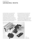 Book page for Tool & Cutter Sharpening shows Chapter 3 Grinding Rests with a set of metal grinding rest accessories.