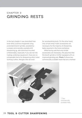 Book page for Tool & Cutter Sharpening shows Chapter 3 Grinding Rests with a set of metal grinding rest accessories.