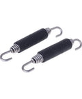 2 Pack 85mm Stainless Steel Exhaust Spring Hooks For Motorcycle Universal Fit with silica gel lined ends in close view.