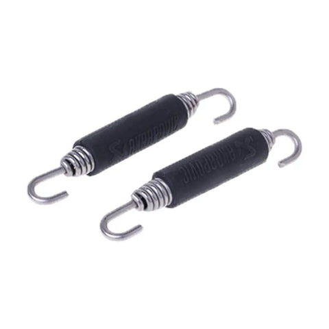 2 Pack 85mm Stainless Steel Exhaust Spring Hooks For Motorcycle Universal Fit with silica gel lined ends in close view.