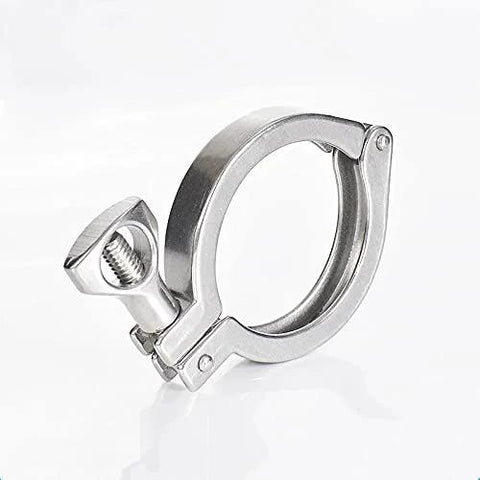 Sanitary 2-inch tri-clamp in stainless steel with wing nut, angled view
