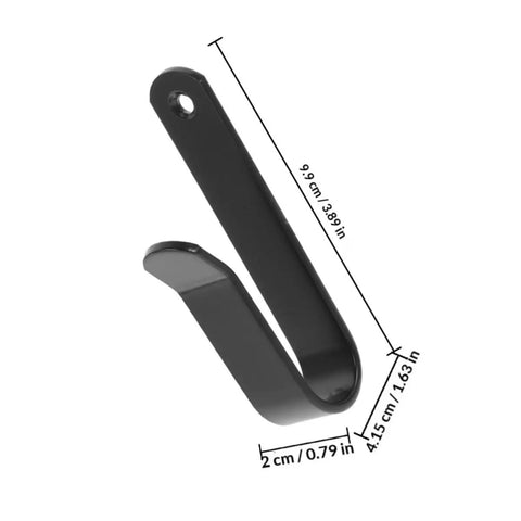 Killer Horizontal Wall Mount Rack Four Pack Heavy Duty Steel Snowboard Skateboard Surfboard Storage Shelf For Awesome Garage Display And Badass Space Saving Dual Purpose, close-up of black steel hook with dimensions.