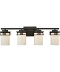 Ravendale 4 Light Bath Vanity Fixture In Oil Rubbed Bronze With Opal White Glass, 27 Inch Wide, 9 Inch High, Glass Hung Up
