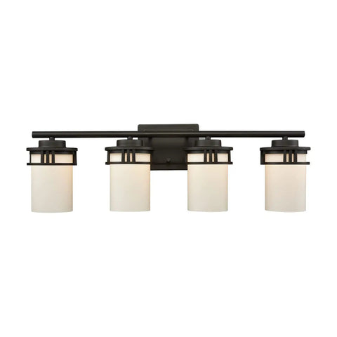 Ravendale 4 Light Bath Vanity Fixture In Oil Rubbed Bronze With Opal White Glass, 27 Inch Wide, 9 Inch High, Glass Hung Up