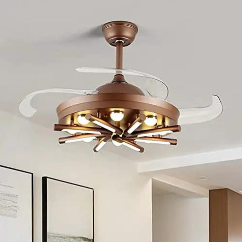 Top Tier 42 Inch Led Ceiling Fan With Lights And Remote Control Sleek Nordic Design Zero Hassle Setup Smooth Whisper Spin Game Changing Glow For Bedroom Living Room And Kitchen Brown, featuring open blades and warm light.