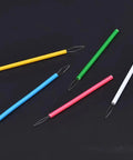 Colorful five-pack needle threaders for easy threading and beading; ideal for seniors and small hands, shown on dark background.