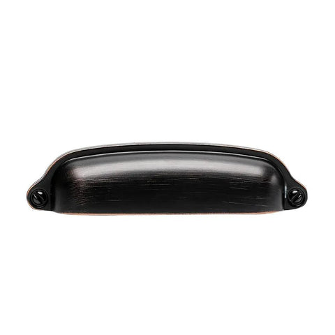 Close-up of oil rubbed bronze cup drawer pull, 10 Pack Bin Cup Drawer Pulls Shell Handle Cabinet Hardware In Oil Rubbed Bronze Vintage Style Cabinets 3.78 Inch Hole Centers 4.45 Inch Overall Length Includes 20 Mounting Screws