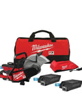 Heavy Duty 14 Inch Cordless Cut Off Saw Kit With Two Lithium Ion Batteries And Fast Charger displayed with charger and carrying bag.