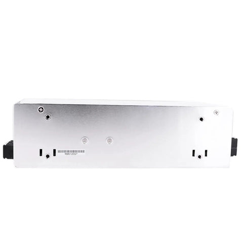 Rugged Beefy 600W 24V 27A Switching Power Supply With AC DC Single Output Remote Sensing And Active PFC Ultra Stable Current Limit MOOP Medical Safety High Efficiency Low No Load Draw Under Half Watt Handles Three Hundred VAC Surges MSP 600 24 silver metal power supply side view