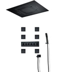 Premium Thermostatic Shower System With LED Strip And Bass Boost Music, Badass Black 6-Way Rain Shower Combo, ceiling rainhead and handheld sprayer.
