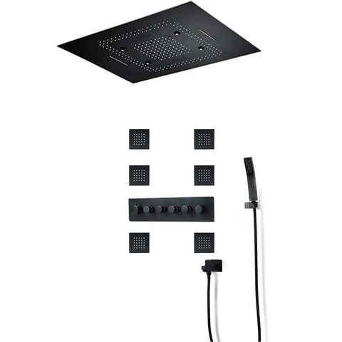 Premium Thermostatic Shower System With LED Strip And Bass Boost Music, Badass Black 6-Way Rain Shower Combo, ceiling rainhead and handheld sprayer.