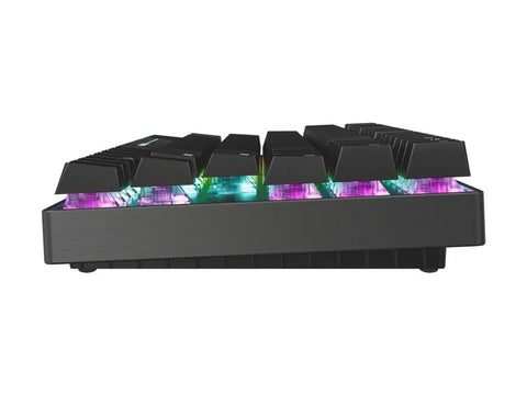 Lightning Fast TKL Shaped Wireless Gaming Keyboard With Hot Swap Magnetic Tmr Switches And Rapid Trigger side view showing RGB lighting and PBT keycaps.