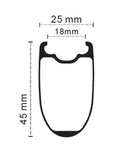 Diagram of 45mm Carbon Tubeless Wheelset For Disc Brake Road Bikes With 25mm Inner Width No Paint Finish Tubeless Ready To Roll Shimano 8 9 10 11 Speed Cassette Body Compatible showing measurements