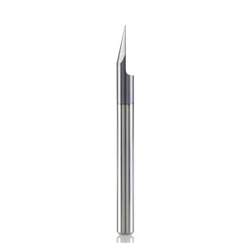 Top Shelf Killer Precision 10 Piece Carbide V Groove Router Bits Set With 3mm Shank for nailing detail engraving, showing a single V groove bit.