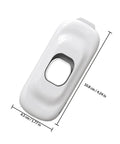 Close-up of white ABS 4 Pack Babyproof Cabinet Locks with dimensions shown for cabinets, drawers, fridges with adjustable length.