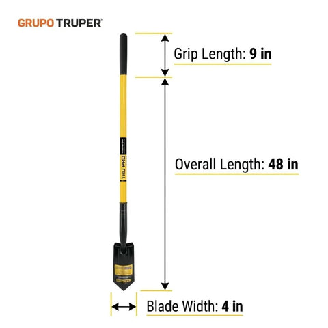 TruPro California Trenching Shovel With 4 Inch 13 Gauge Steel Blade, 48 Inch Fiberglass Handle, And 9 Inch Non Slip Cushion Grip