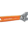 Extra Capacity Jaw 4 Inch Adjustable Wrench For Tight Spaces With Forged Heat Treated Alloy Steel SAE And Metric Scales Smooth Turning Knurl Dope Grip For Easy Single Hand Operation Plastic Dipped Handle Laser Markings Klein Tools O5064 on a white background