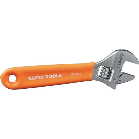 Extra Capacity Jaw 4 Inch Adjustable Wrench For Tight Spaces With Forged Heat Treated Alloy Steel SAE And Metric Scales Smooth Turning Knurl Dope Grip For Easy Single Hand Operation Plastic Dipped Handle Laser Markings Klein Tools O5064 on a white background