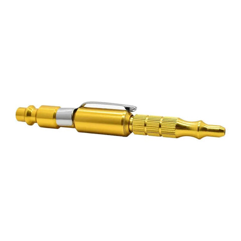 Straight Shooting Aluminum Air Blow Gun With Adjustable Pressure Dial And Concealed Pocket Clip 1/4 Inch Industrial Plug side view with clip and detailed design.