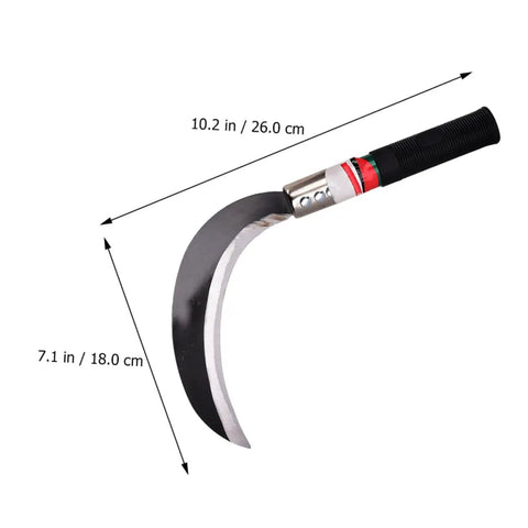 Two Pack Manganese Steel Weeding Sickle Garden Tool Set Lightweight Handheld Grass Cutter with size dimensions shown
