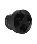 Black Aluminum Round Pneumatic Manifold 3 Way Adapter with 1/2 inch inlet and three 1/4 inch NPT outlets, side view.