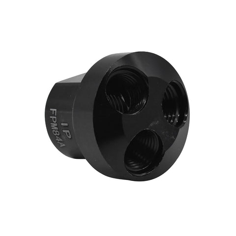 Black Aluminum Round Pneumatic Manifold 3 Way Adapter with 1/2 inch inlet and three 1/4 inch NPT outlets, side view.