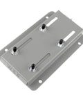Front view of a gray 56C motor base mounting plate with slotted rails and four adjustment pegs.