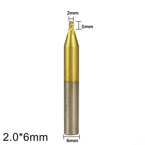 6mm Shank Key Cutting Milling Cutter For Vertical Key Machines, gold and silver, with measurements, ideal for metal and PCB work.