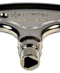 Cam latch with chrome finish and T-handle, close-up view