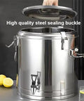 Hella Durable Double Wall Insulated Beverage Dispenser Keeps Your Drink Hella Hot Or Cold All Day Long Spill Free Pouring Handle Large Capacity Stainless Steel Coffee Server For Parties And Events with sealing buckle and tap.