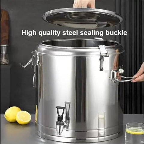 Hella Durable Double Wall Insulated Beverage Dispenser Keeps Your Drink Hella Hot Or Cold All Day Long Spill Free Pouring Handle Large Capacity Stainless Steel Coffee Server For Parties And Events with sealing buckle and tap.